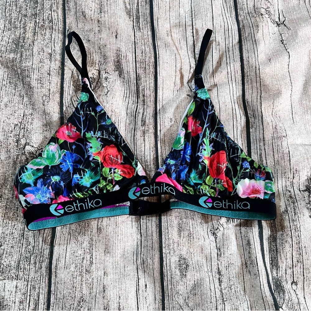 Ethika Floral Triangle Bralette with Red and Blue Accents Size Medium